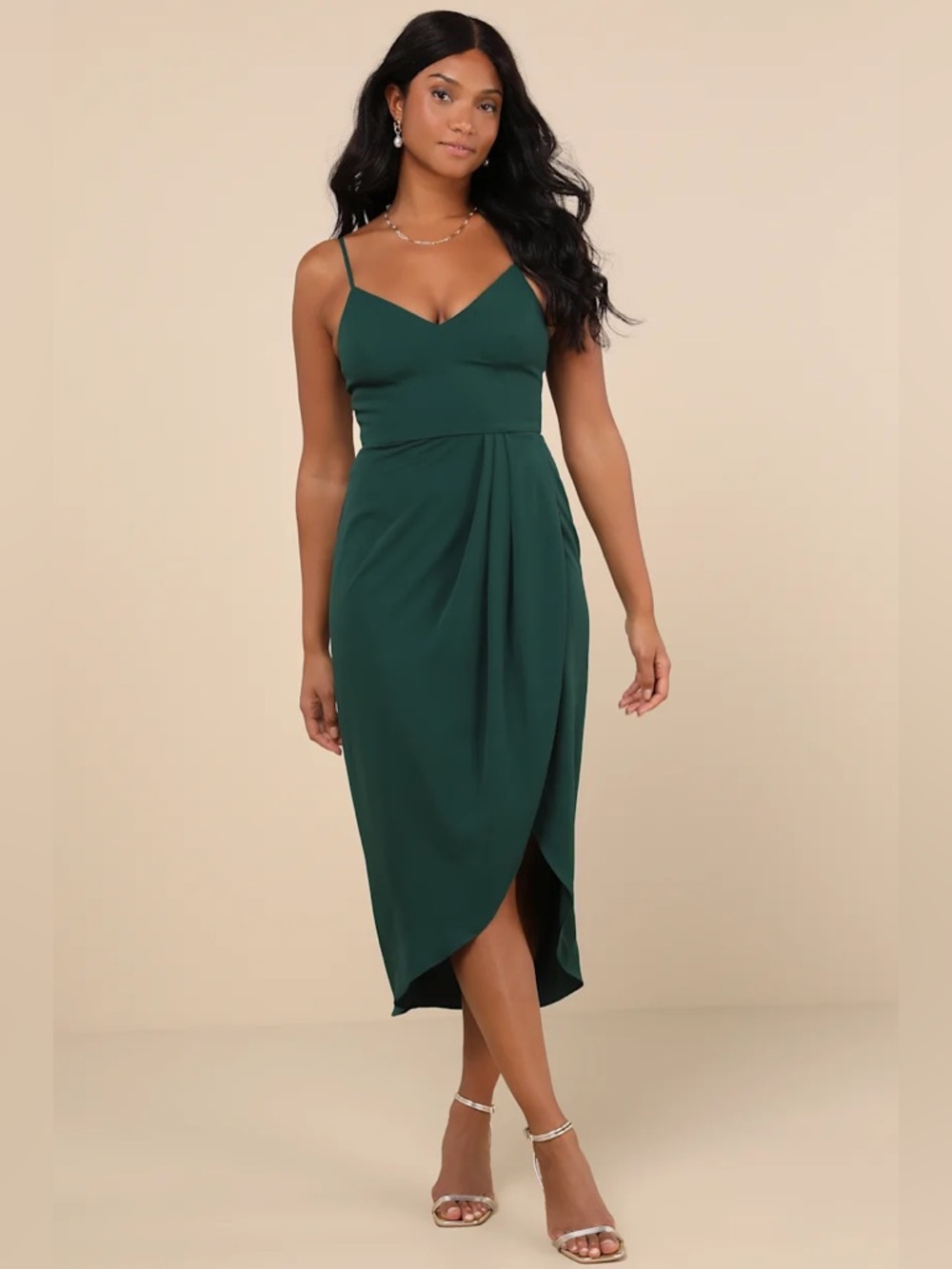 NWOT Lulu’s Reinette Dark Green Tulip Wrap Midi Dress Cocktail Jewel Tone Size L